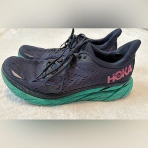 Hokas Clifton 8 Running Sneakers Navy Blue Teal Pink - Size Women’s 10